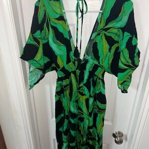 Elegant Green Leaf Print Dress